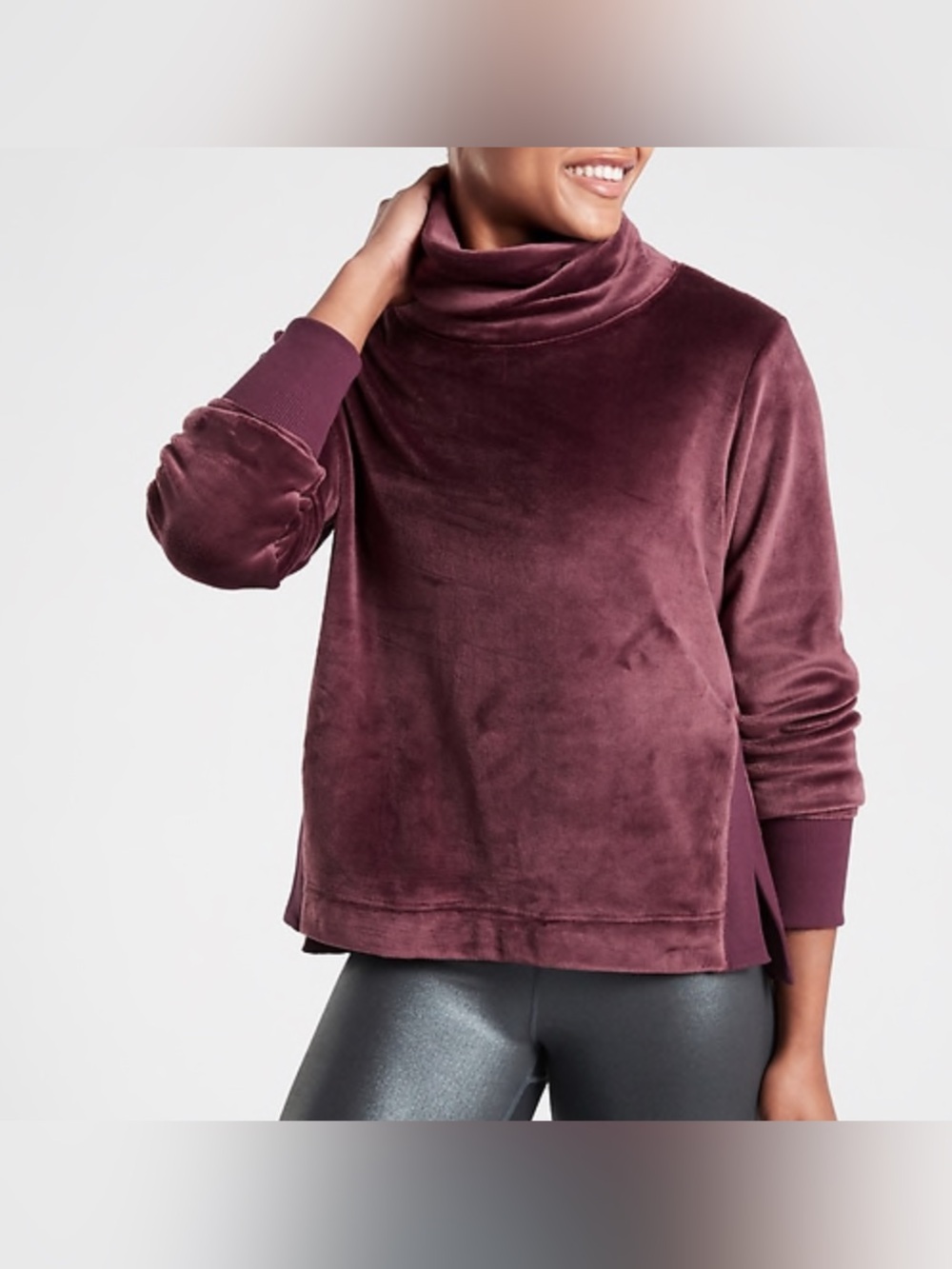 Athleta Double Cozy Karma Velour Funnel Neck Pullover Burgundy Small
